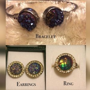 Druzy iridescent purple green blue jewelry set earrings ring bracelet